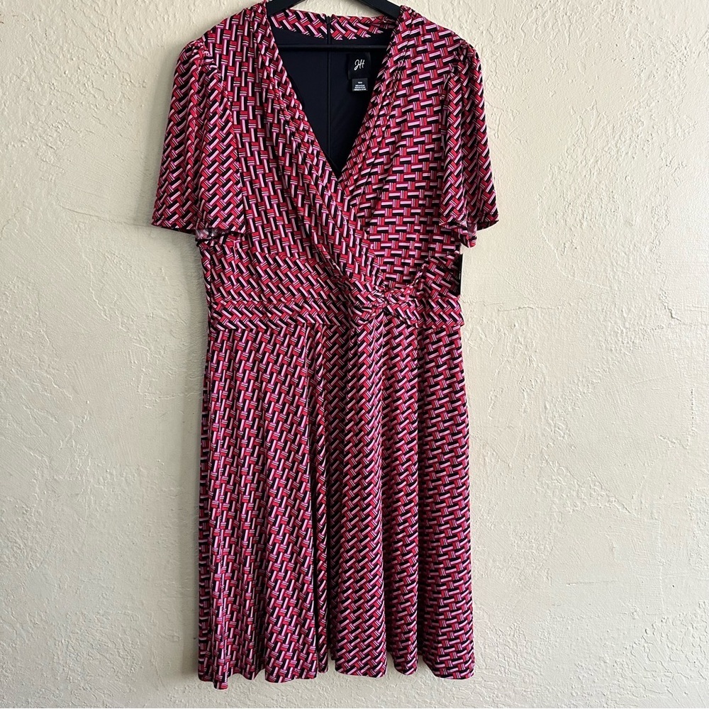 Geometric Pink Midi Wrap Dress with Waist Tie